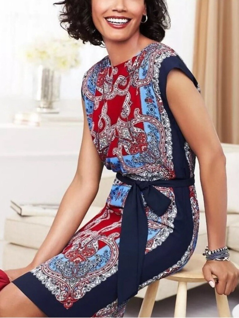Talbots Cap Sleeve Paisley Blue/Red Shift Dress SZ SP Retro Mod Preppy Americana